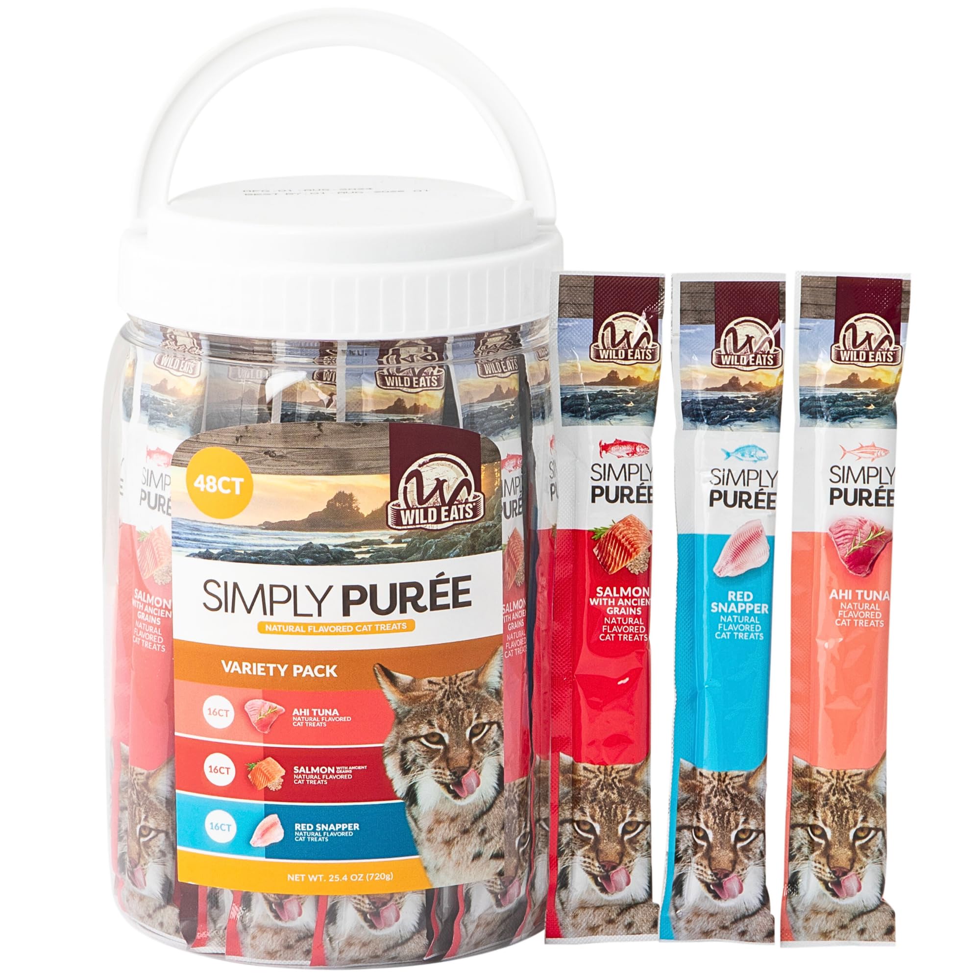 Wild Eats Simply Puree Ahi Tuna tub showing a high-protein flavor for cats.
