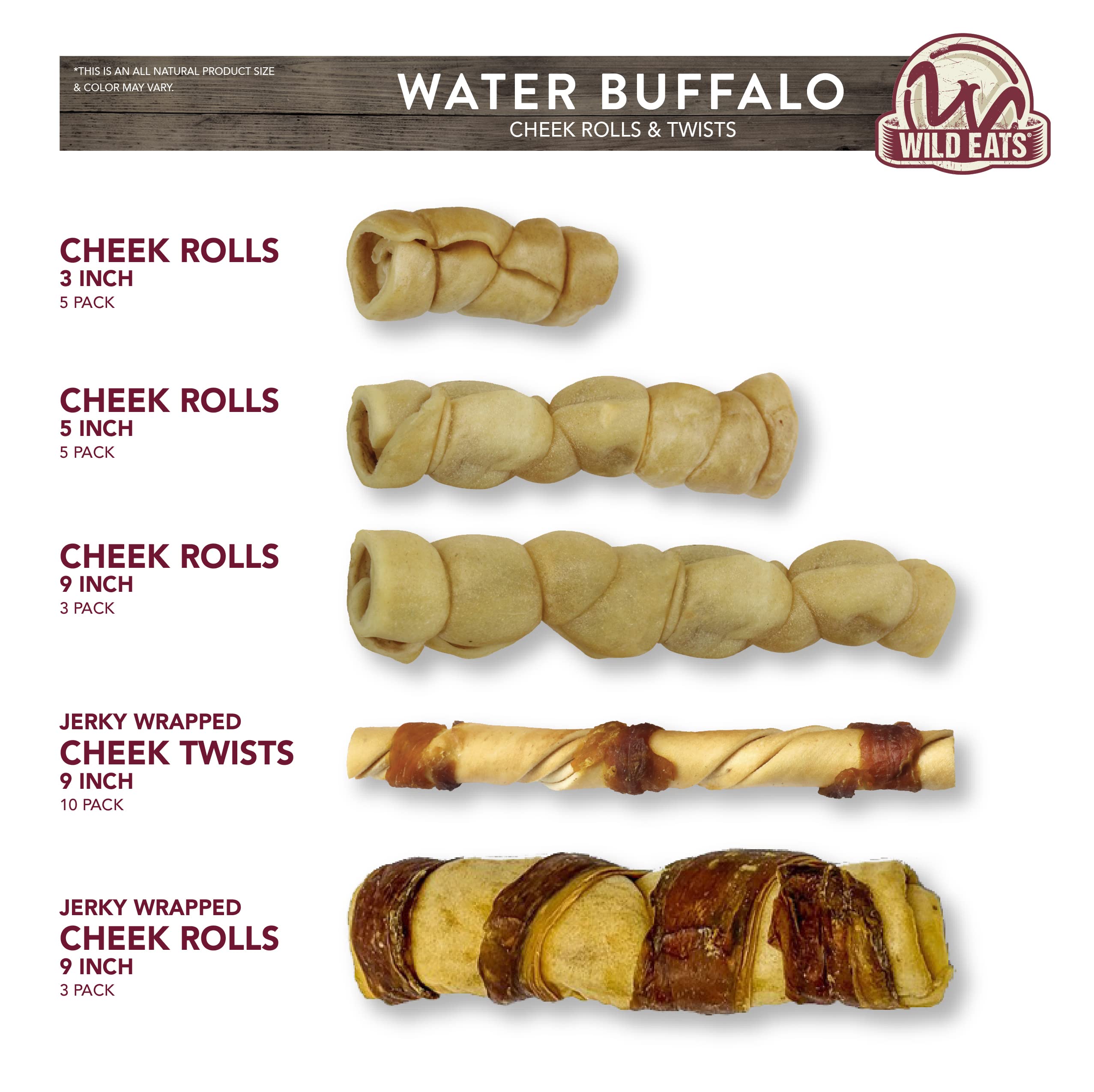 Wild Eats Water Buffalo Cheek Chips pack open with chews visible