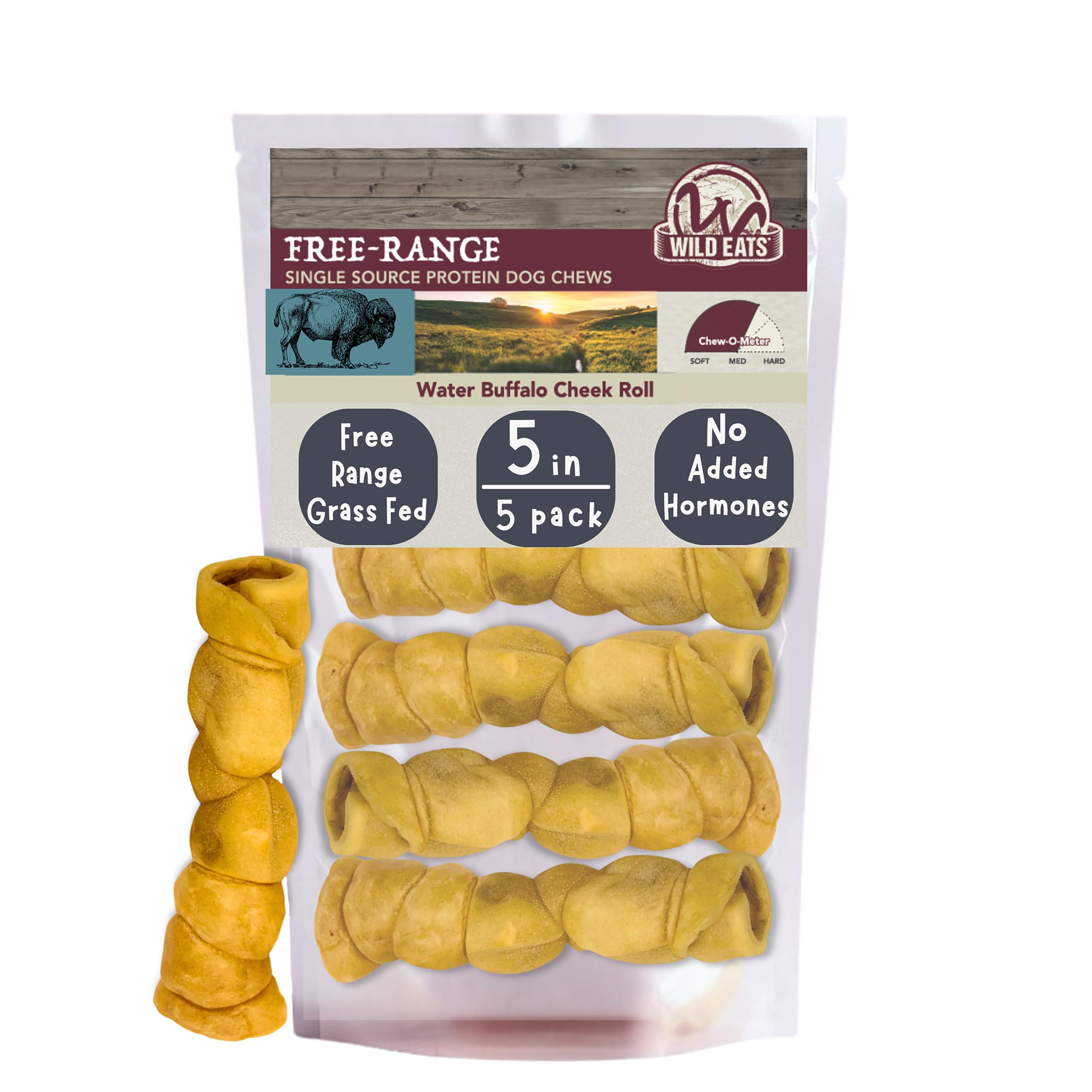 Wild Eats Water Buffalo Cheek Roll—long-lasting chew for dogs.
