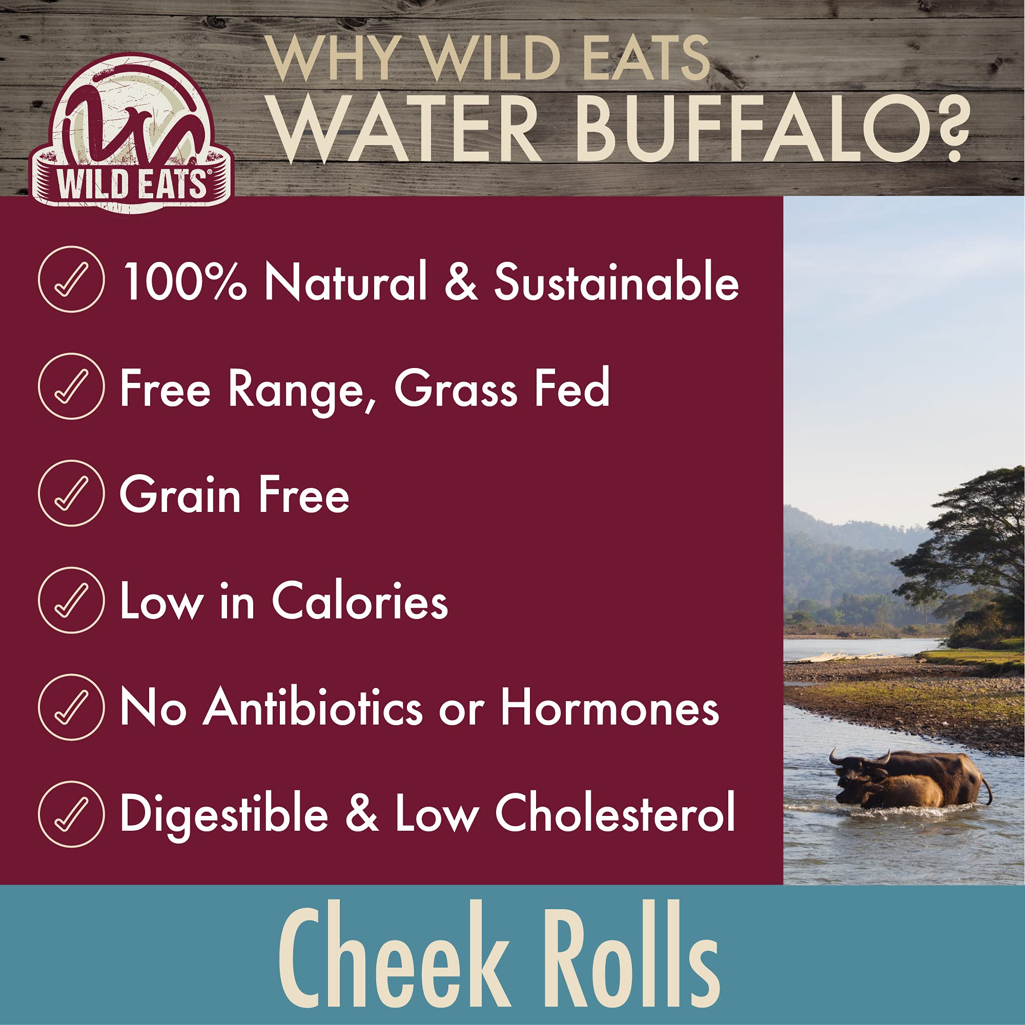 Wild Eats Water Buffalo Cheek Roll textures show durable chew for large dogs.