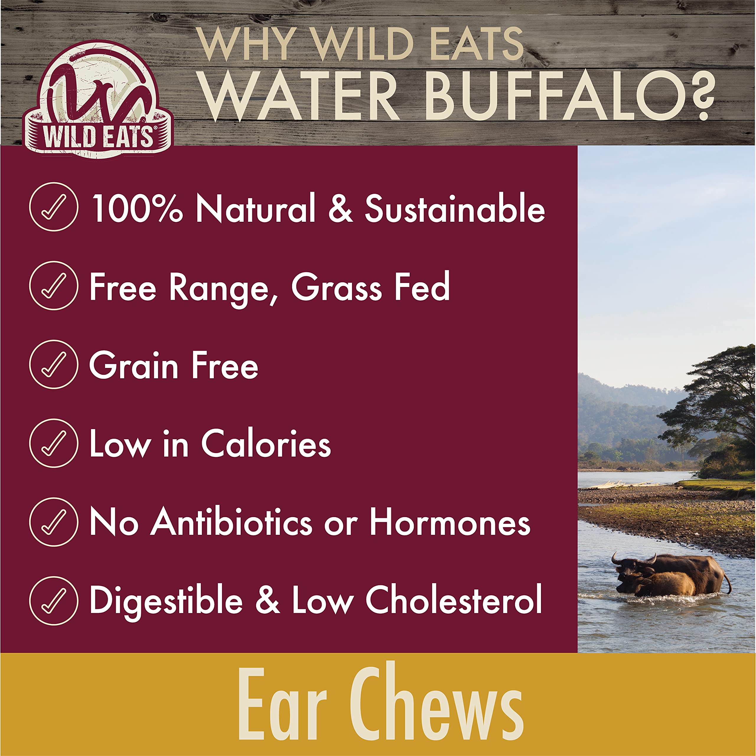 Dental benefits focus on Wild Eats Water Buffalo Ear Chews for gentle cleaning.