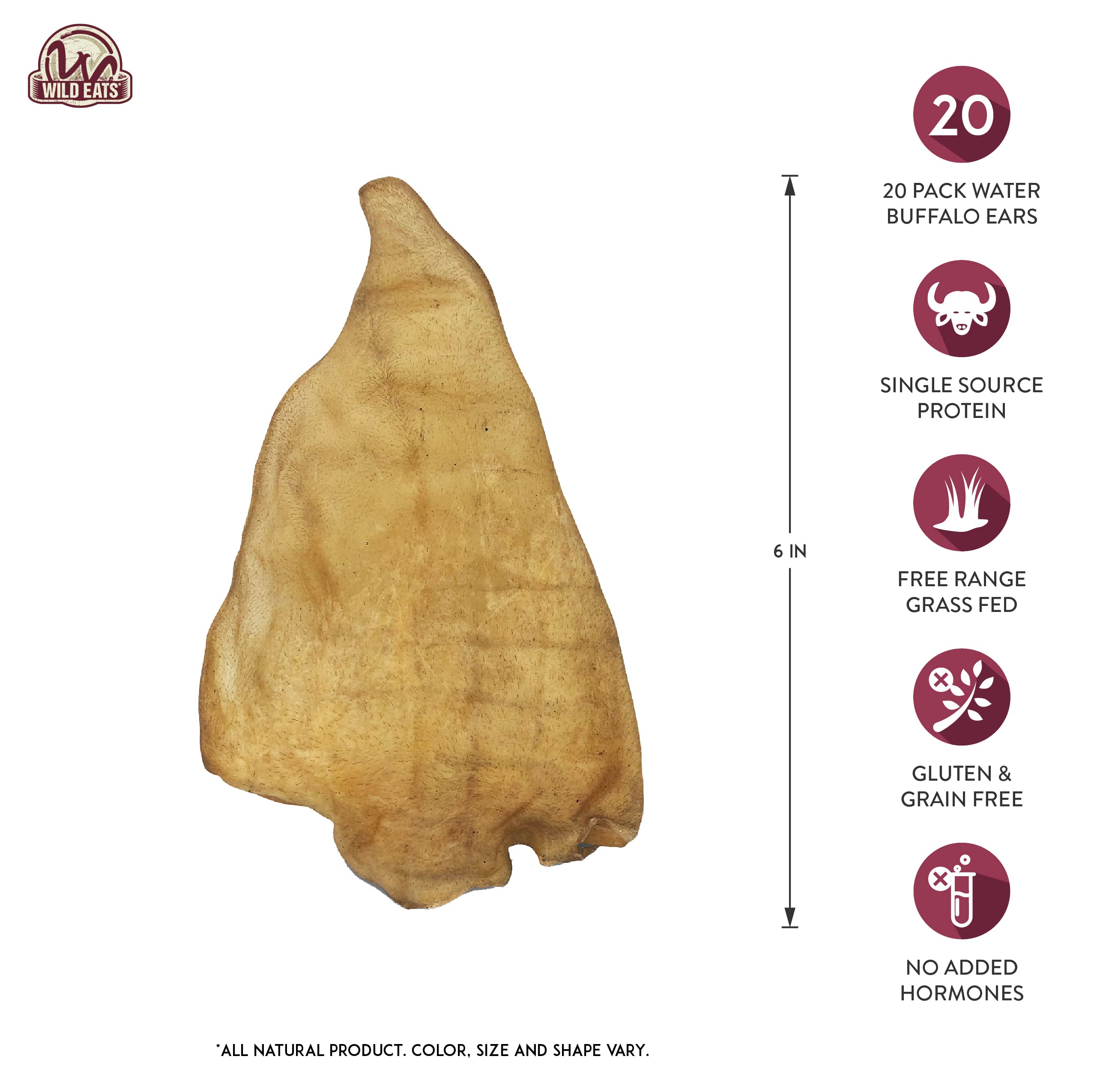 Grain-free appearance of Wild Eats Water Buffalo Ear Chews shows natural single-ingredient option.