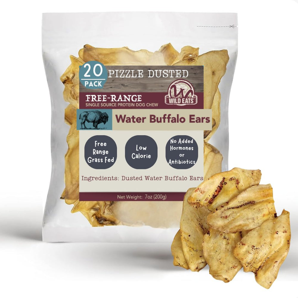 Wild Eats water buffalo ear chews pack closeup, grain-free and protein-rich
