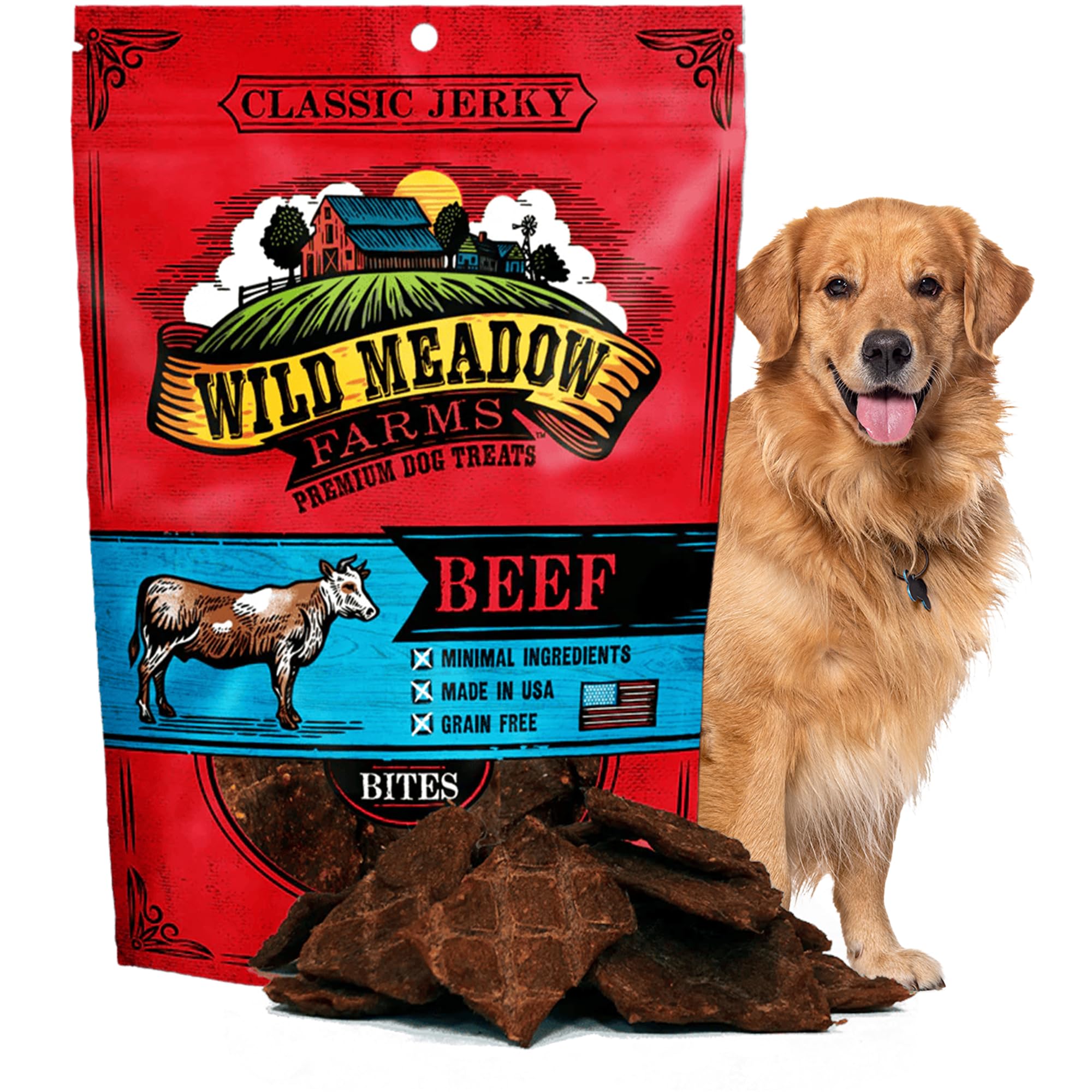 Wild Meadow Farms Classic Beef Bites pouch shows grain-free dog treats ideal for training.