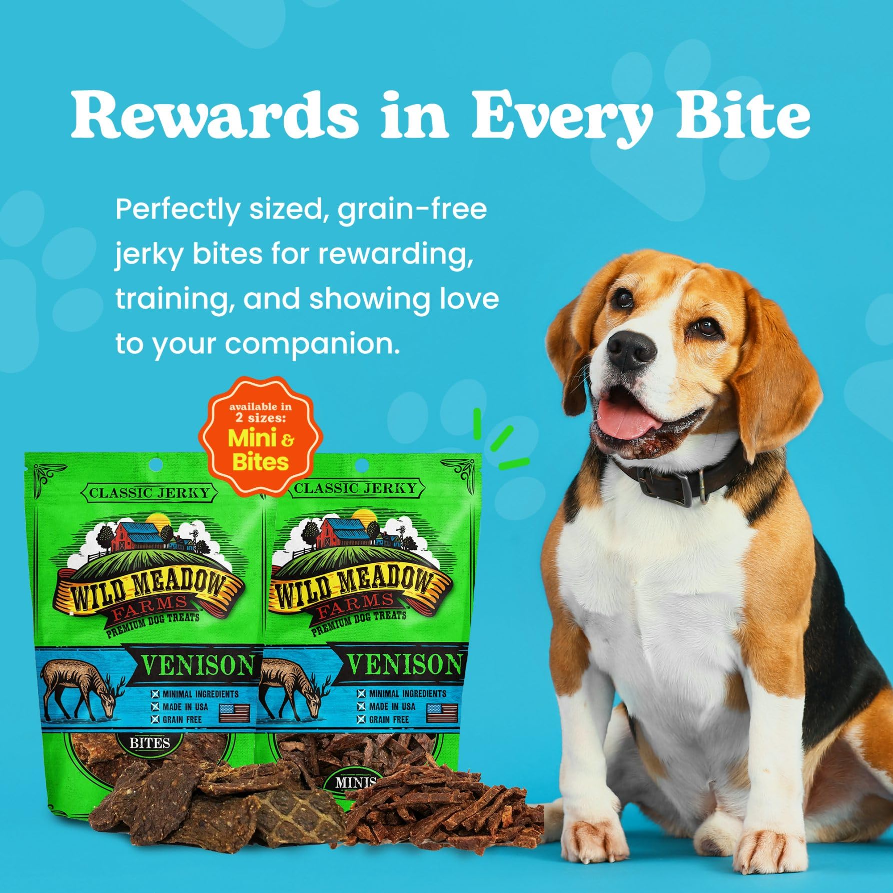 Wild Meadow Farms classic jerky bites bag displaying grain-free dog treats.