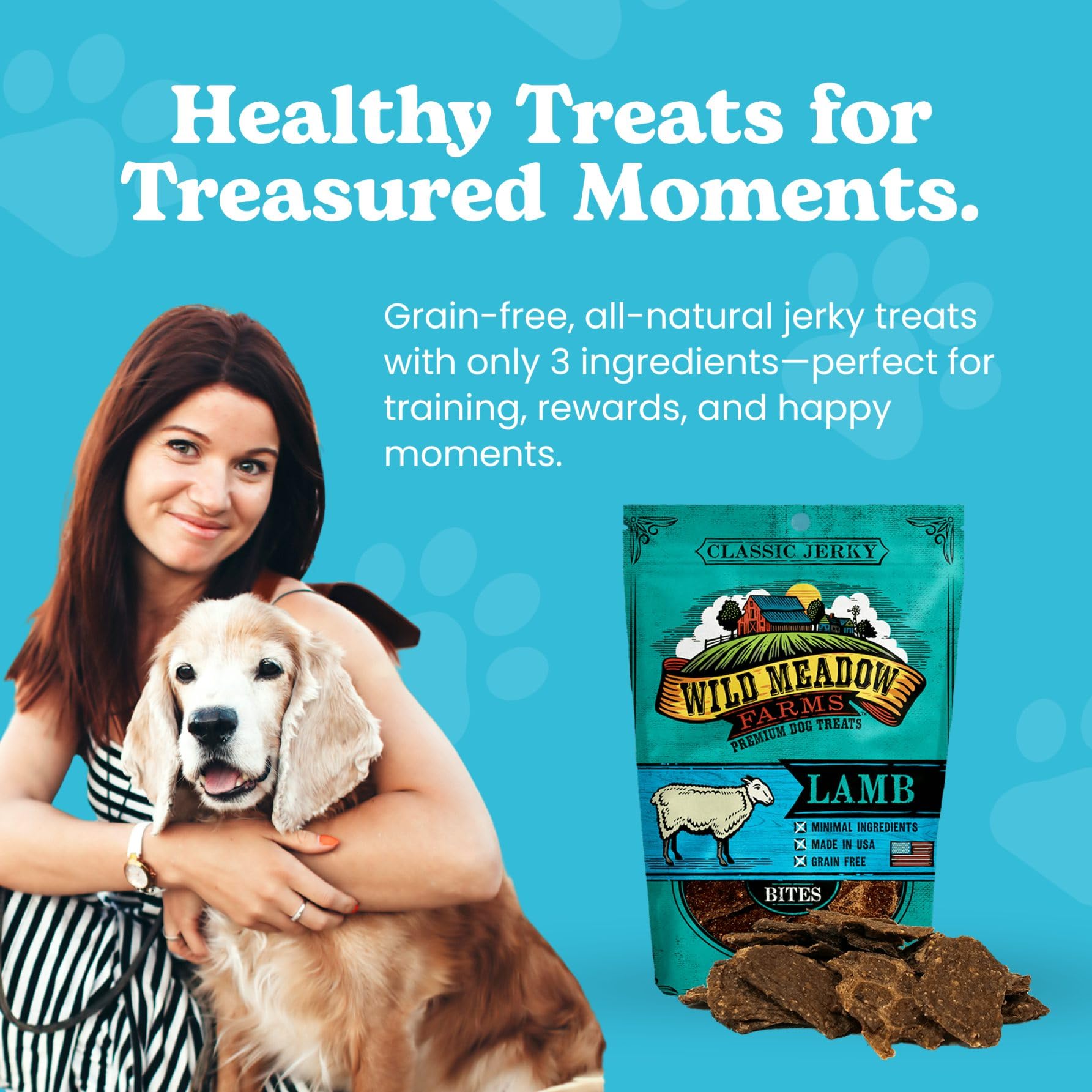Wild Meadow Farms Classic Lamb Bites highlight grain-free ingredients for healthy snacking.
