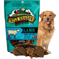 Wild Meadow Farms Classic Lamb Bites packaging close-up, grain-free and all-natural for training rewards.