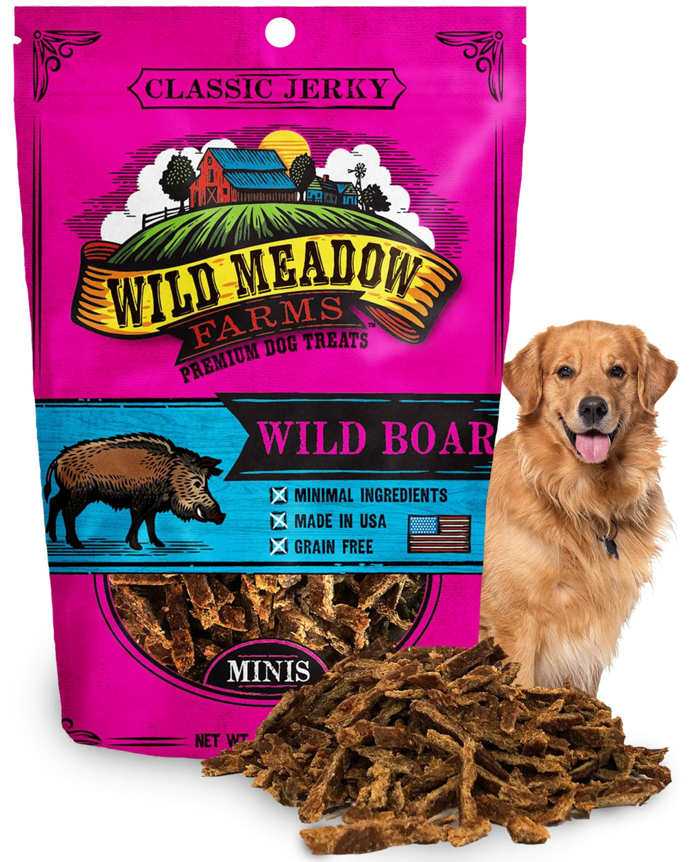 Wild Meadow Farms Classic Wild Boar Dog Minis in an open resealable pouch for quick rewards.