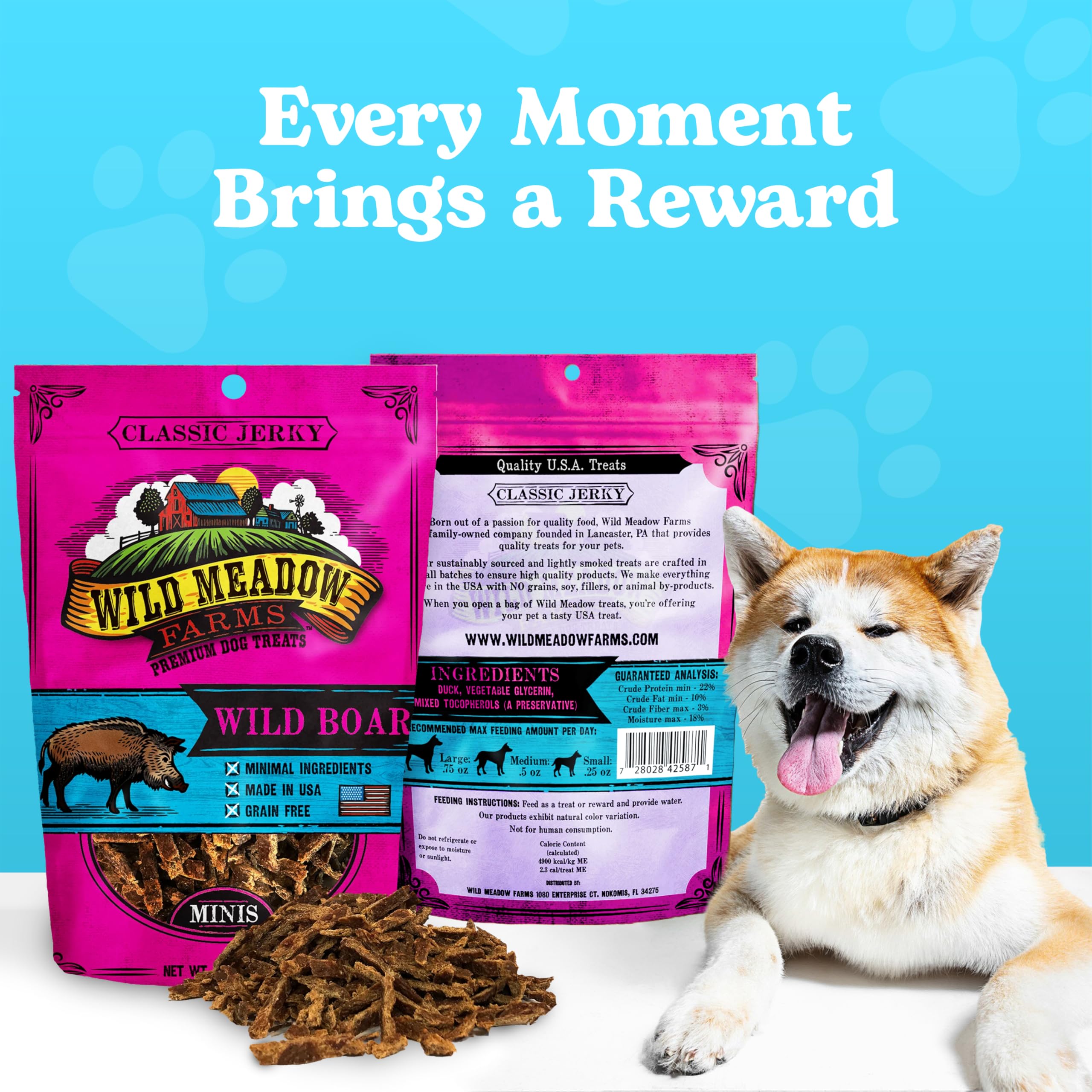 Wild Meadow Farms Classic Wild Boar Dog Minis resealable pouch keeps freshness on the go.