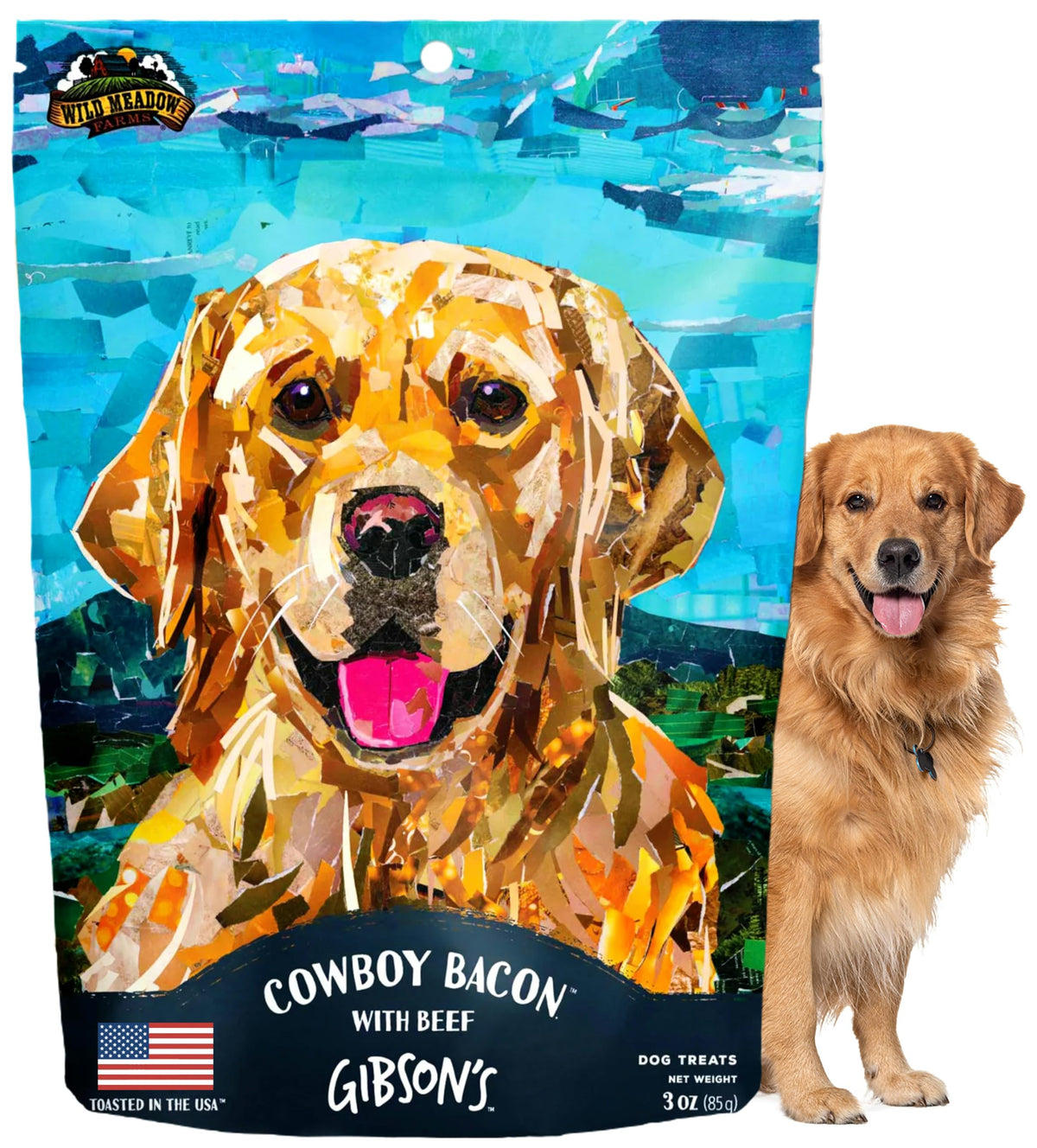 Wild Meadow Farms Gibson's Cowboy Bacon beef jerky pouch showing real meat aroma for training rewards