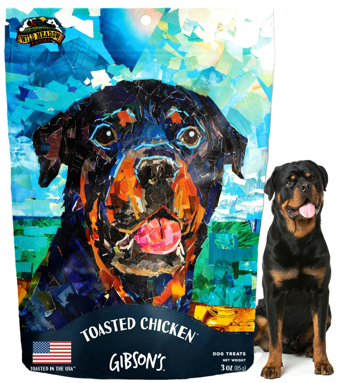 Wild Meadow Farms Gibson's Toasted Chicken packaging close-up highlights grain-free premium treats for dogs.