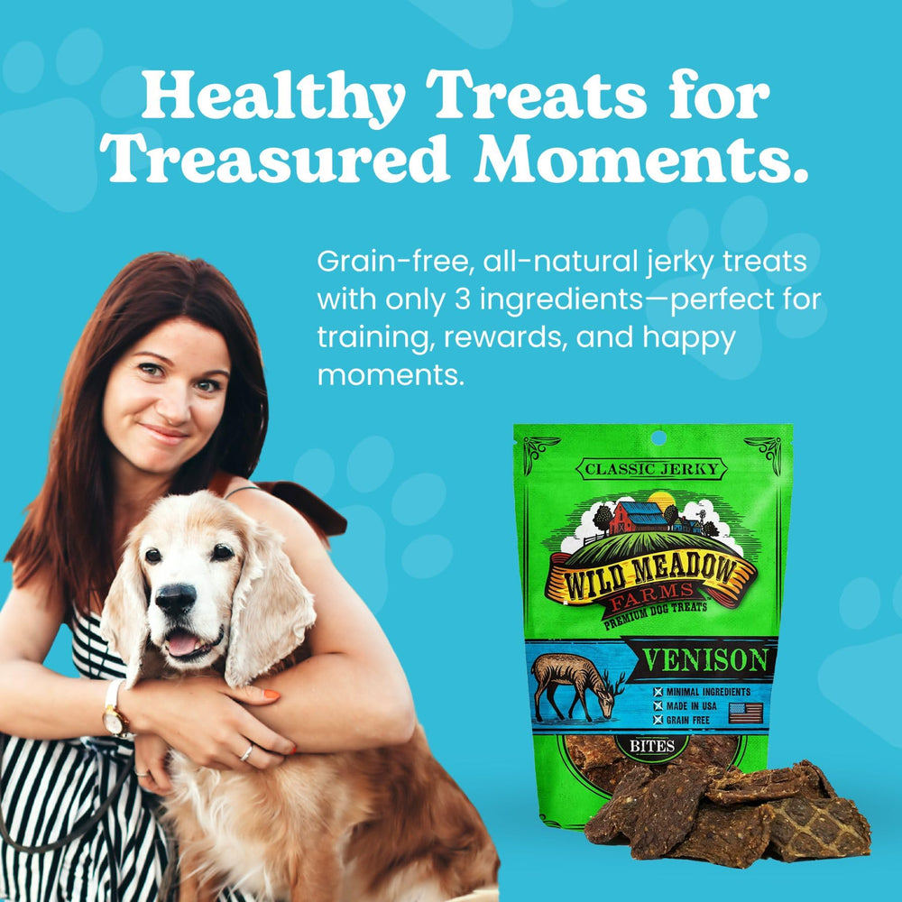 Wild Meadow Farms soft jerky treats in hand for easy tearing.
