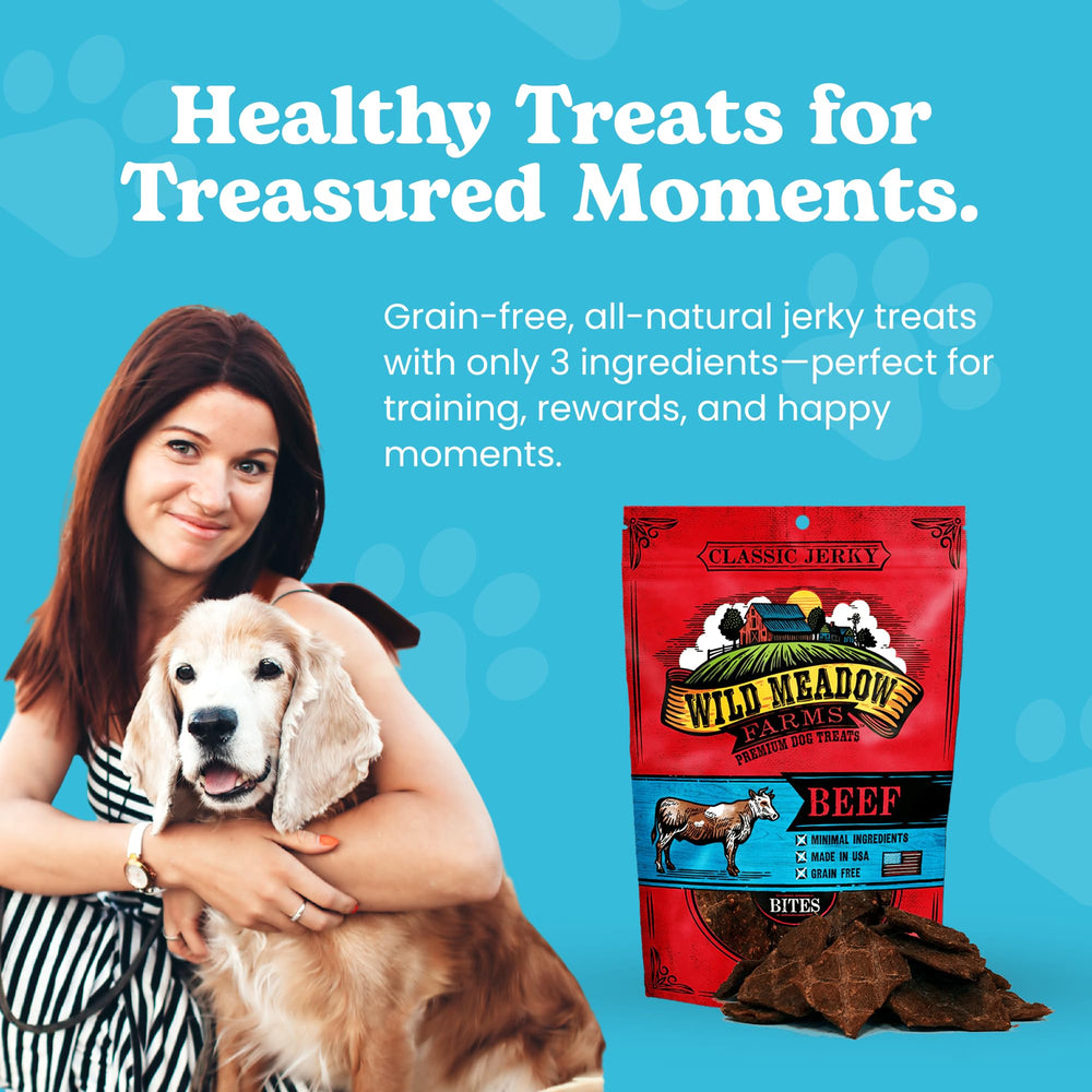 Wild Meadow Farms jerky bites in use for training and portioning rewards.