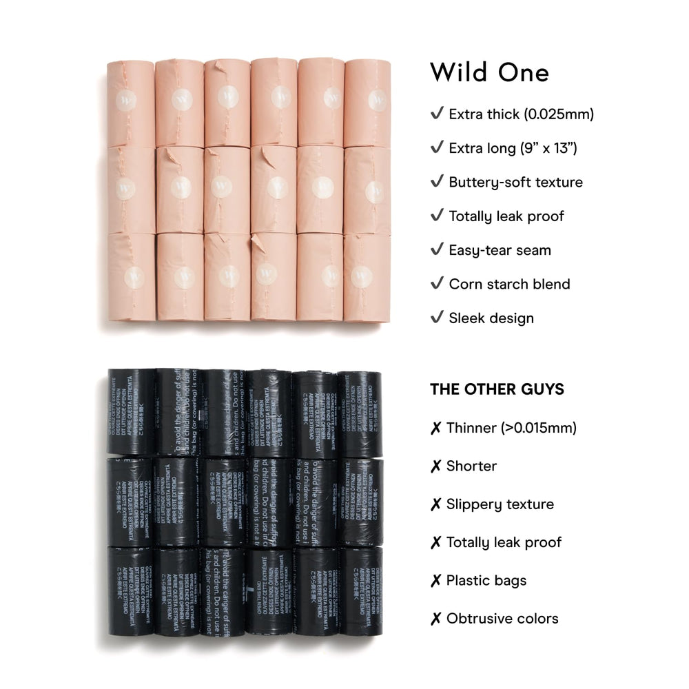 Wild One easy tear seam poop bags for quick access during walks