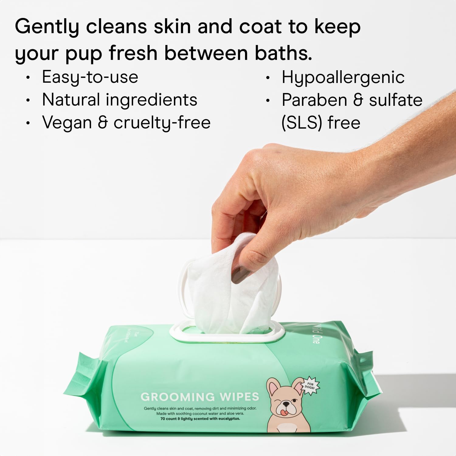 Wild One eucalyptus dog grooming wipes texture close-up showing soft cleaning action