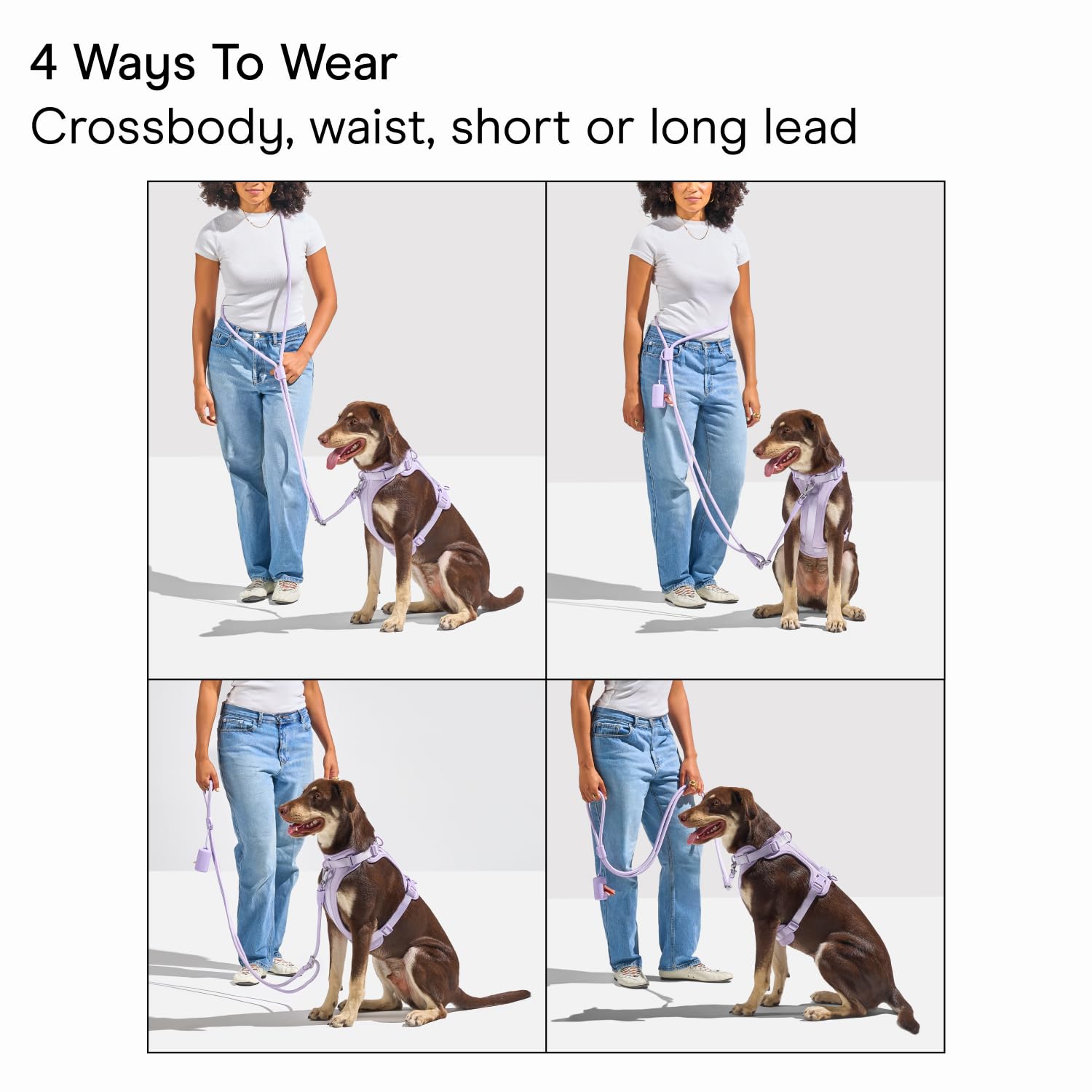 Wild One hands-free rope leash worn at the waist for easy, hands-free city strolls.