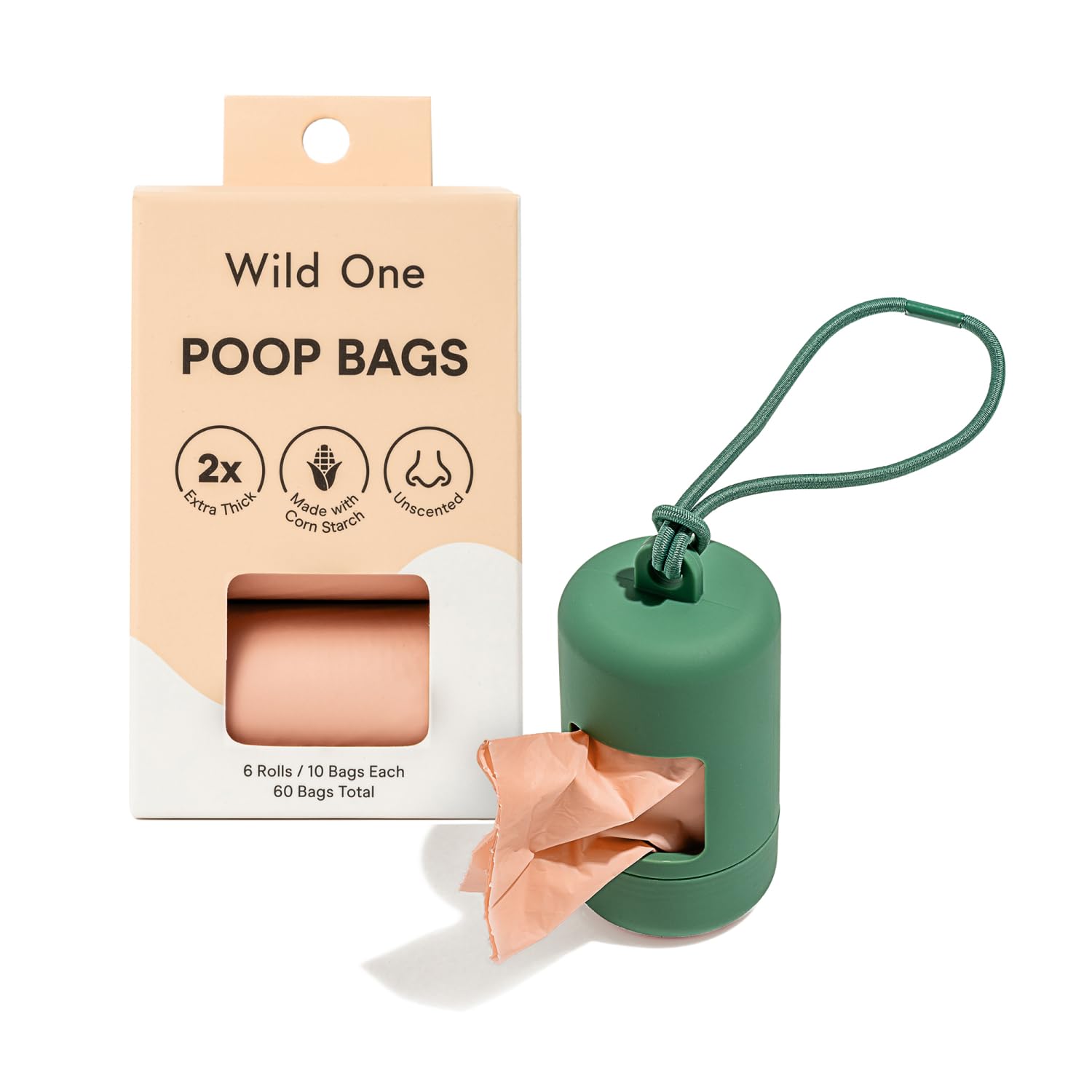 Wild One poop bag holder with leash attachment for easy on-the-go cleanup.