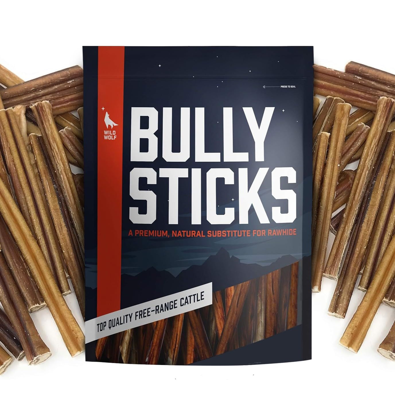 Wild Wolf Angus Bully Sticks 6-inch pack closeup, natural long-lasting chew.