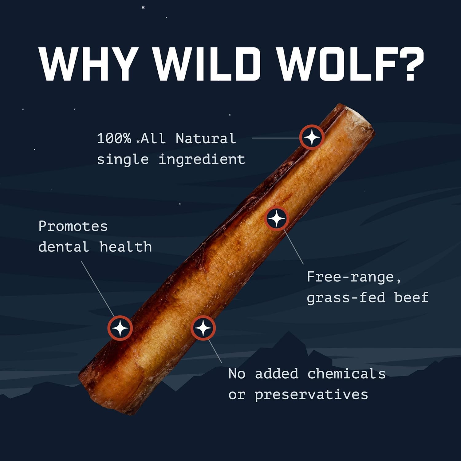 Wild Wolf Angus Bully Sticks Low odor – mess-free chewing.