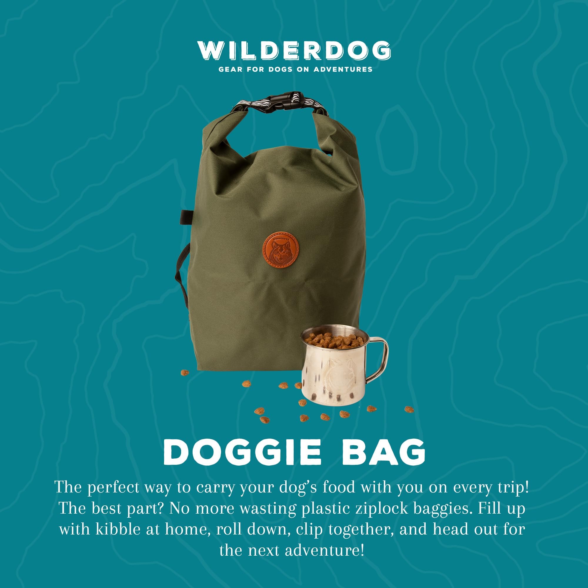 Wilderdog Doggie Bag stainless mug shown for kibble scooping.