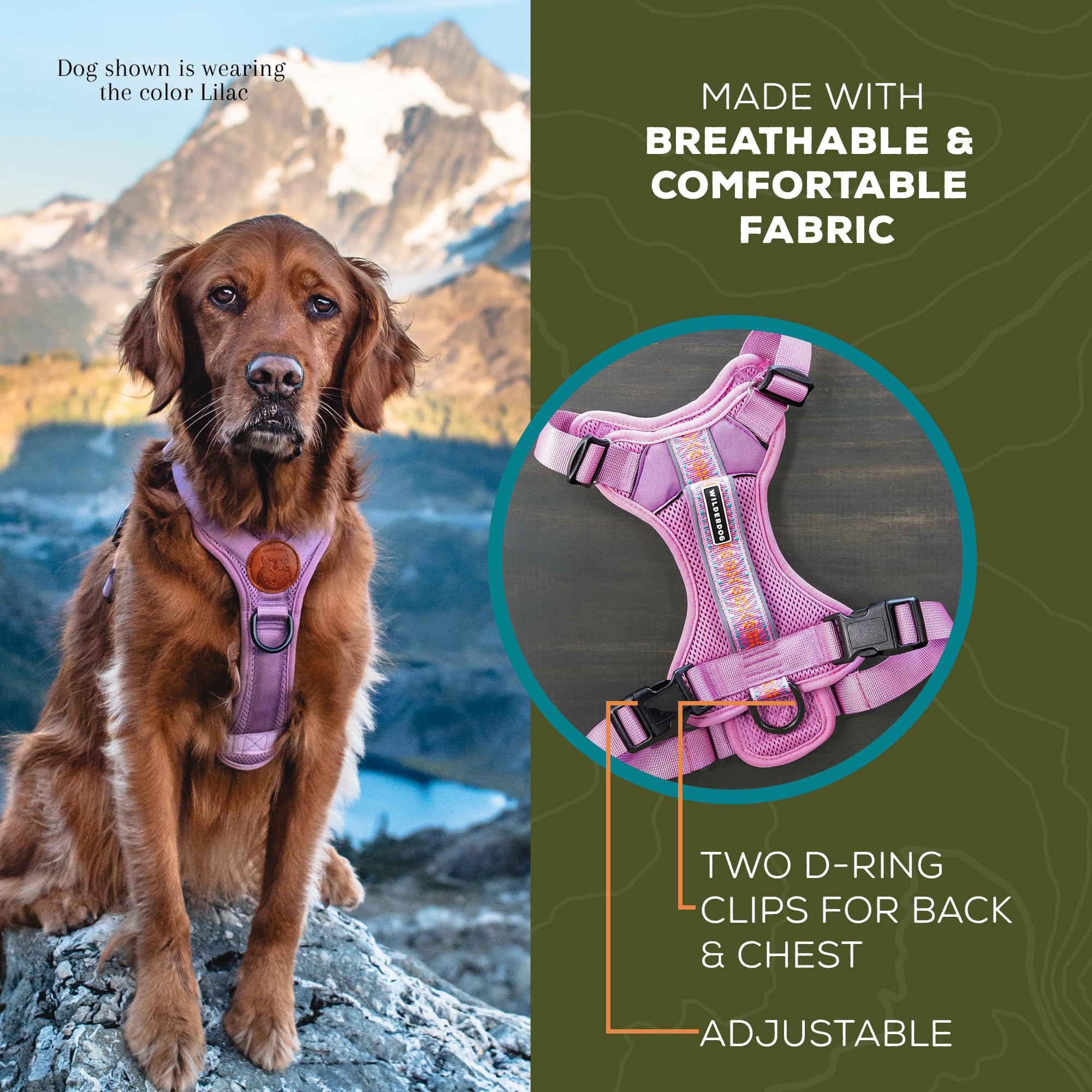 Wilderdog olive harness with reflective stripes for visibility in low light.