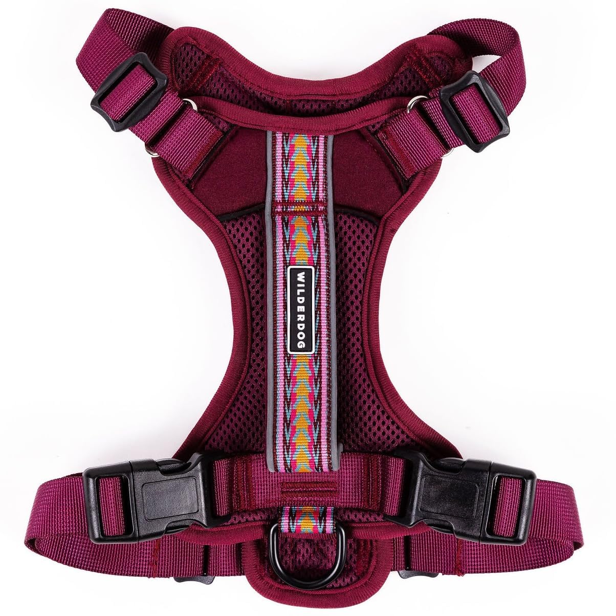 Wilderdog Huckleberry lightweight harness front view with reflective straps for visibility