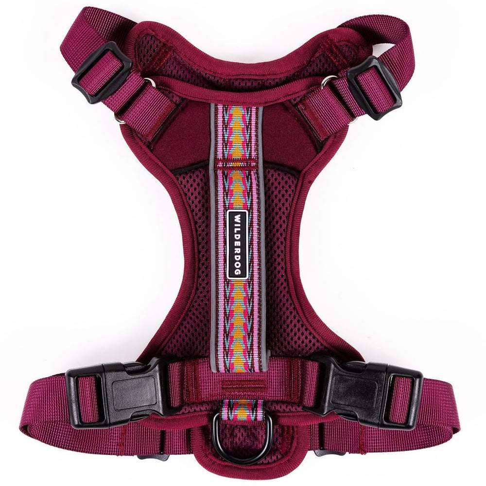 Wilderdog Huckleberry lightweight harness front view with reflective straps for visibility