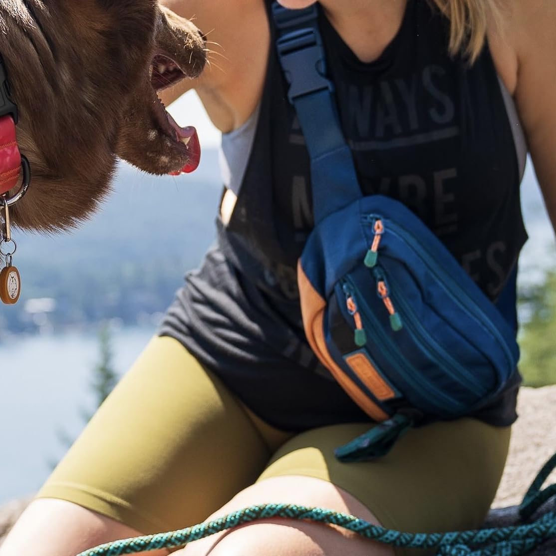 Wilderdog Pacific Blue adjustable strap worn as crossbody for hands-free daily use
