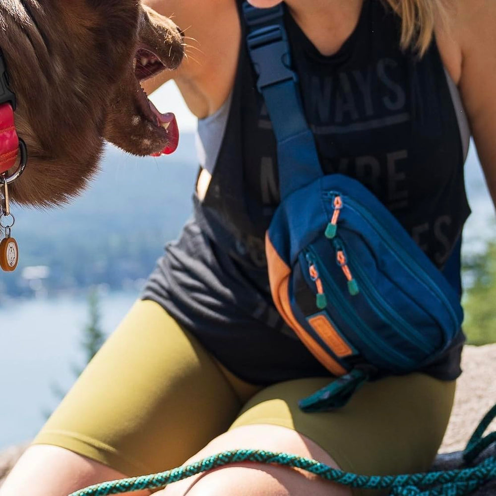 Wilderdog Pacific Blue adjustable strap worn as crossbody for hands-free daily use