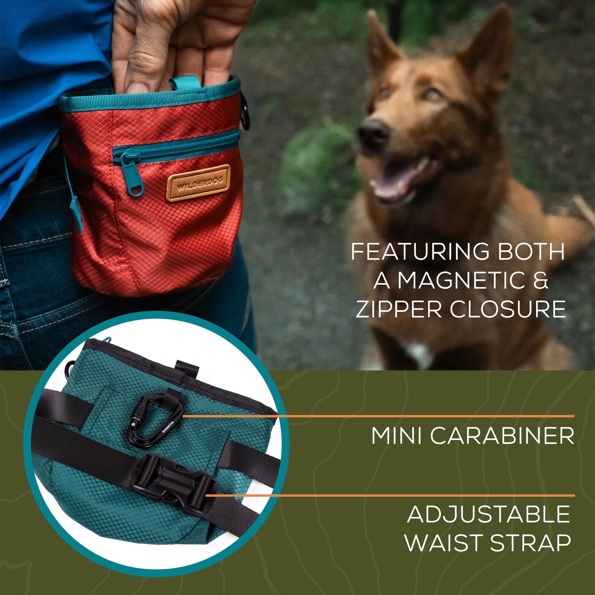 Wilderdog treat pouch, adjustable waist strap fits through belt loops