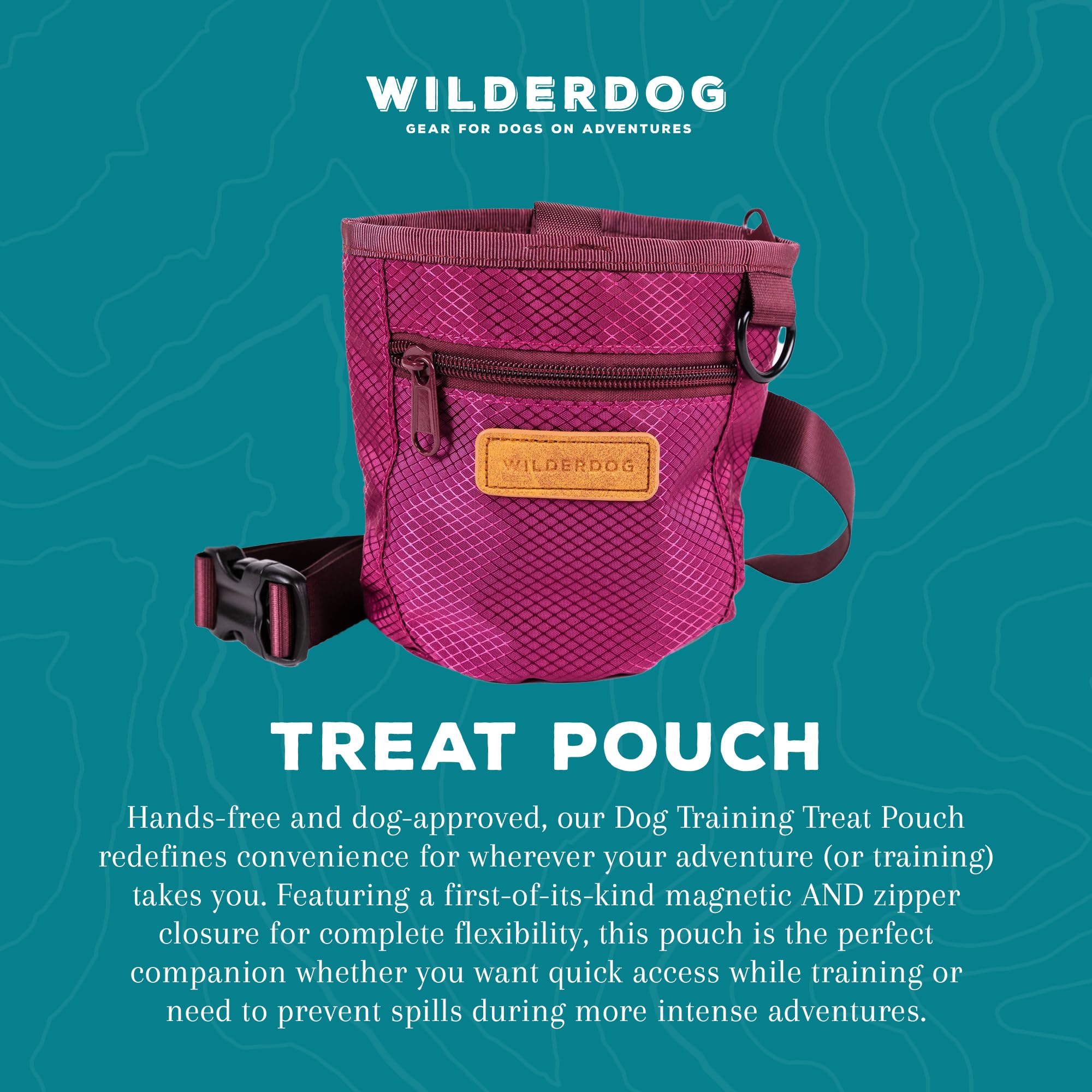 Wilderdog Treat Pouch showing zipper closures for secure snack storage while walking.