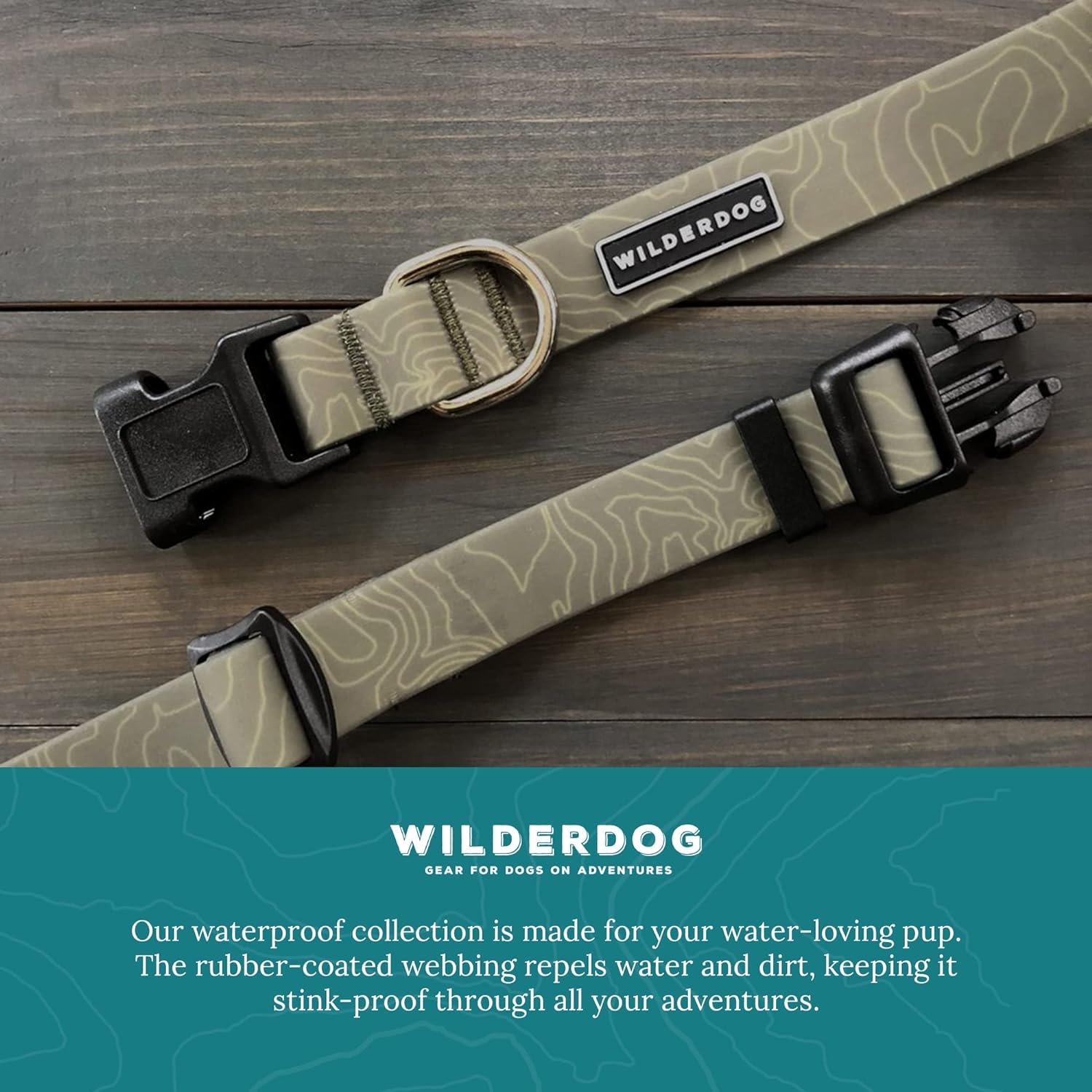 Wilderdog olive collar texture, mud-resistance in action on a muddy path.