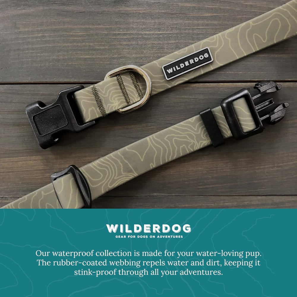 Wilderdog olive collar texture, mud-resistance in action on a muddy path.