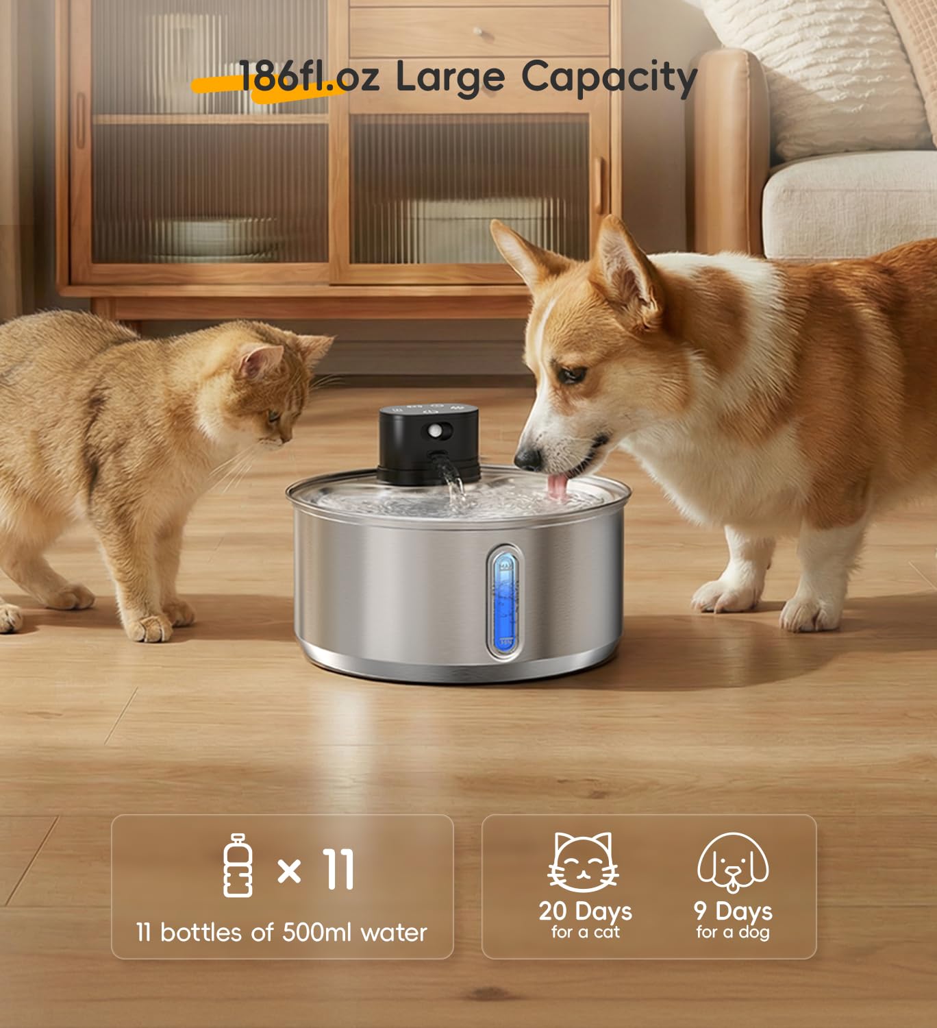WILKIEE large-capacity reservoir; weekly refills with multi-pet sharing.