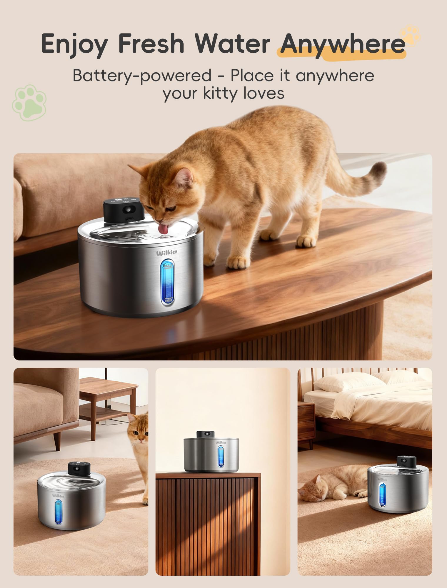 WILKIEE wireless cat water fountain battery compartment showing cordless use