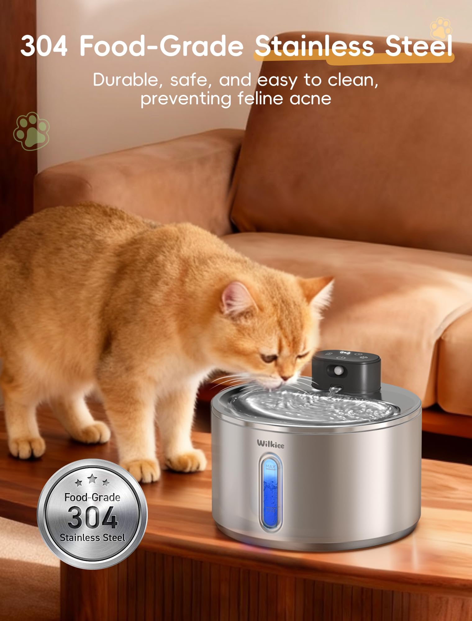 WILKIEE wireless cat water fountain dishwasher safe stainless steel