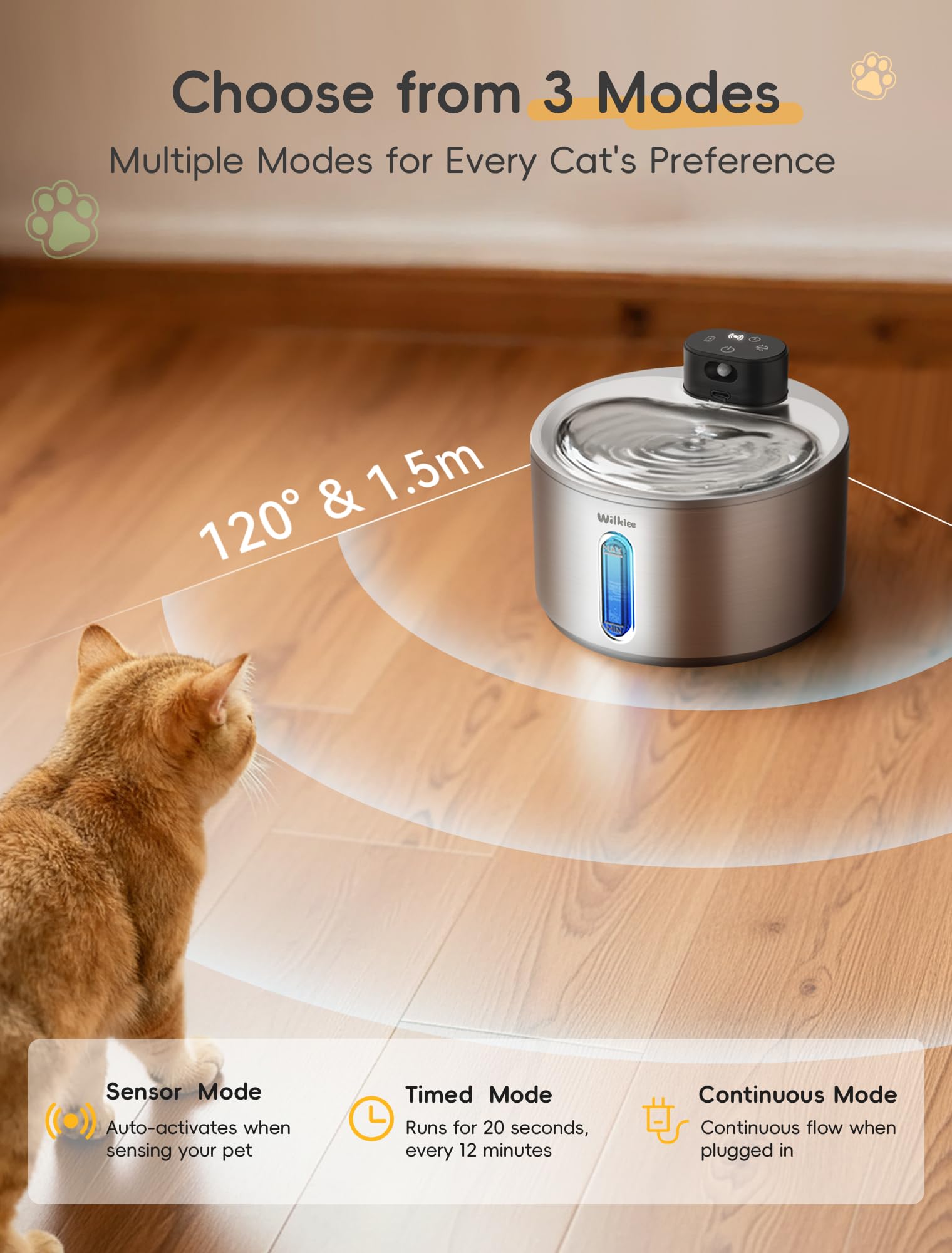 WILKIEE wireless cat fountain three modes control on button