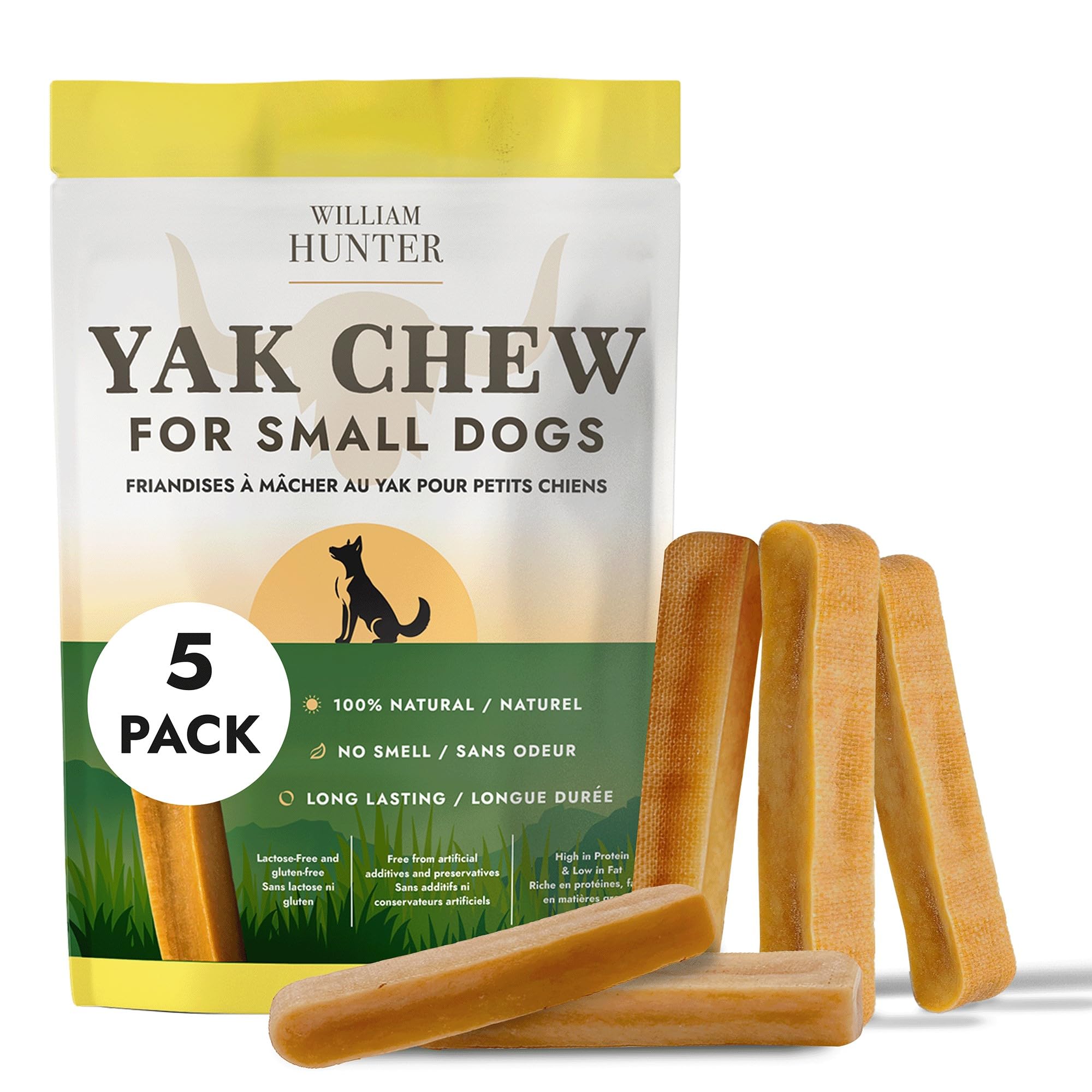William Hunter yak cheese dog chew pack close-up showing texture and durability for tough chewers.