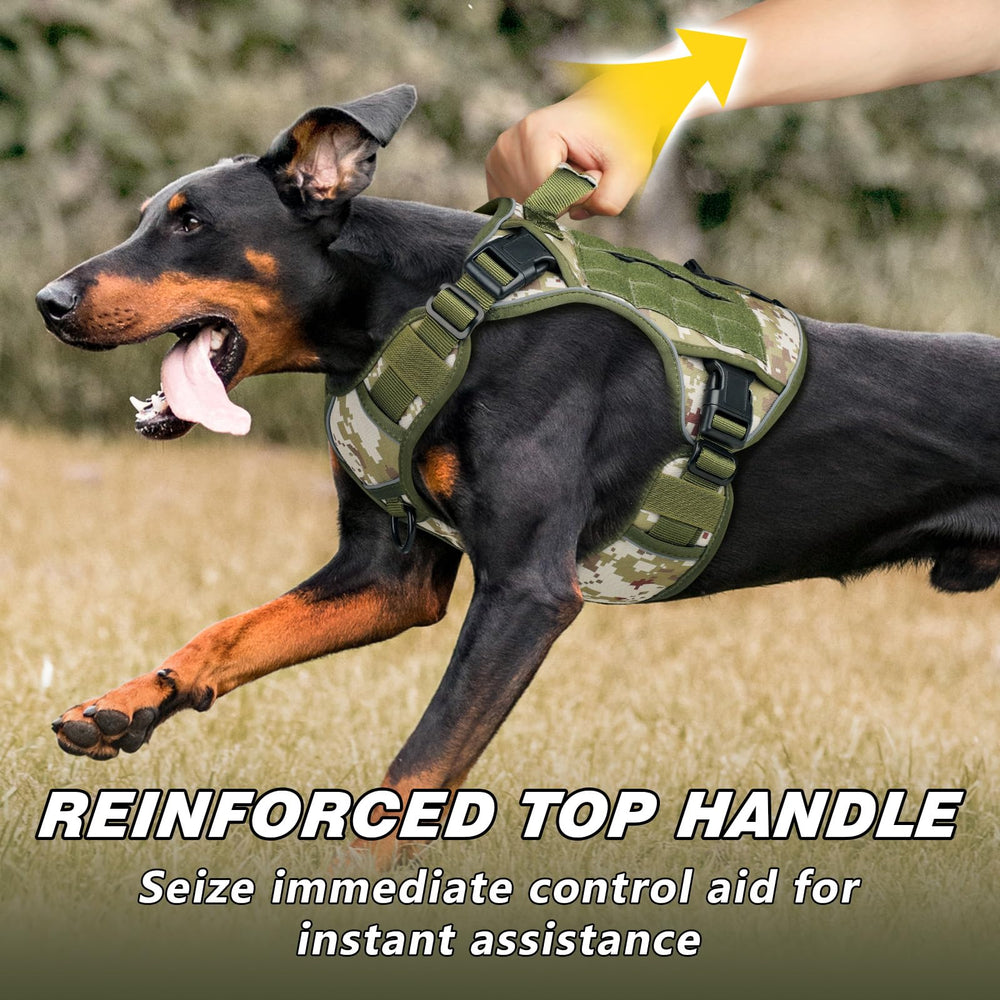 WINGOIN K9 harness in green camouflage with reflective safety features.