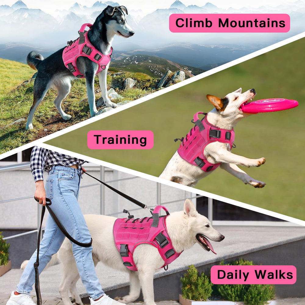 Wingoin Pink Tactical Dog Harness on walk image illustrates support for large breeds.