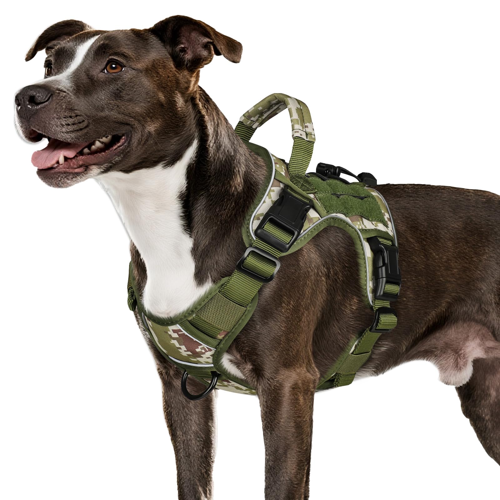 WINGOIN tactical dog harness in green camo front view for medium dogs, breathable mesh interior