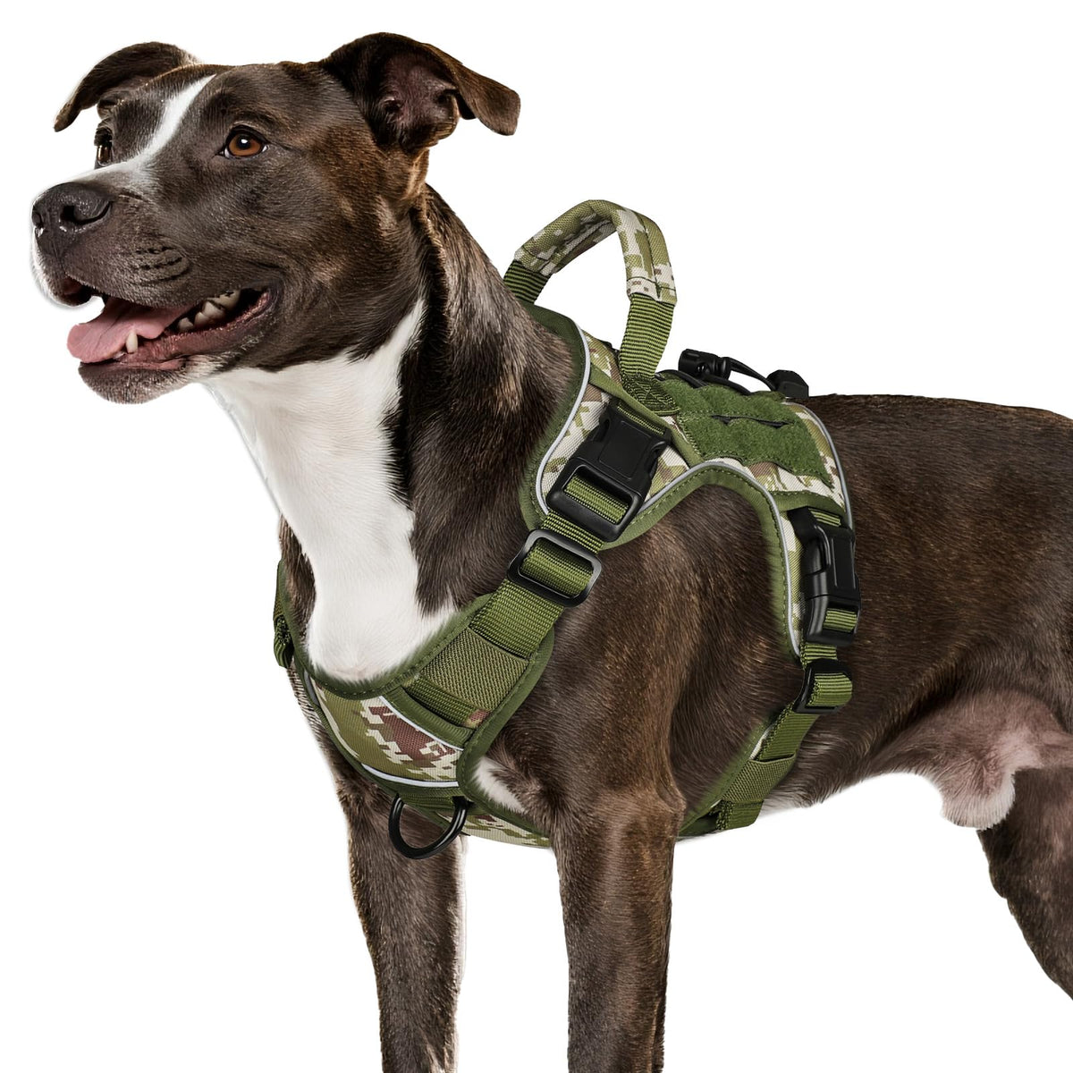 WINGOIN tactical dog harness in green camo front view for medium dogs, breathable mesh interior