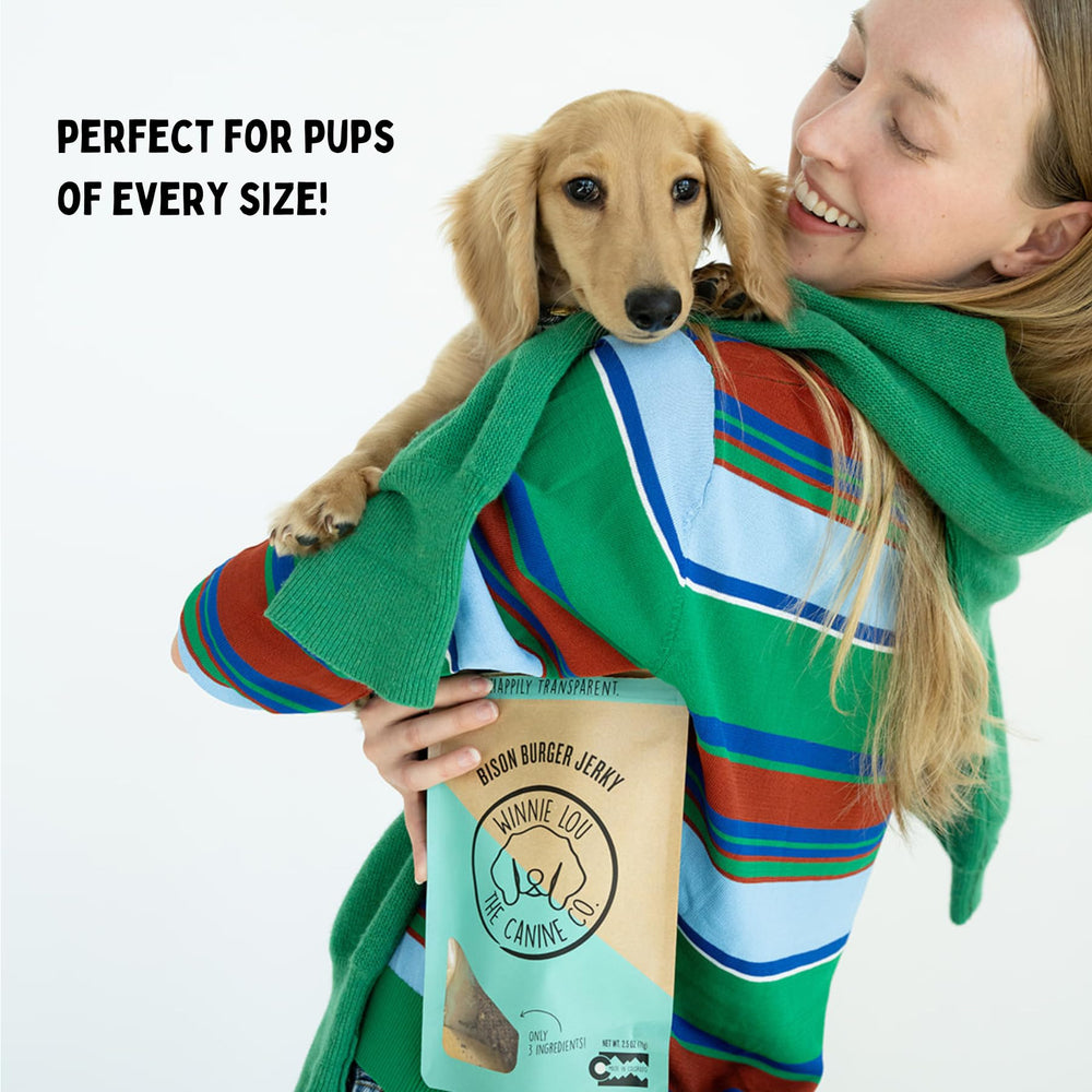 Winnie Lou Bison Burger Treats high-protein snack for active dogs.