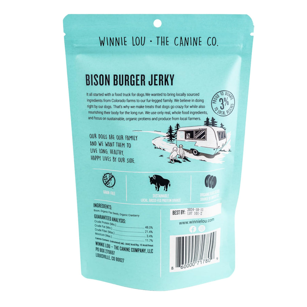 Winnie Lou Bison Burger Treats hypoallergenic formula supports sensitive stomachs.
