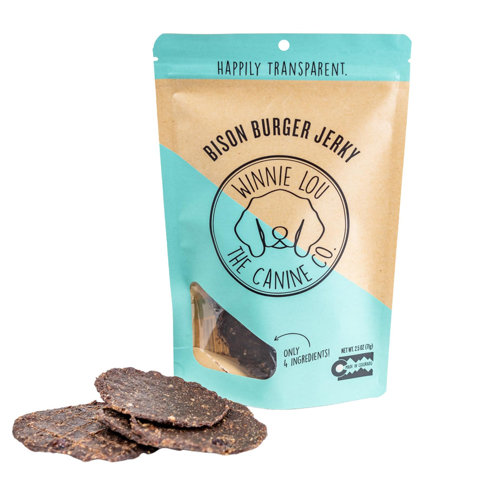 Winnie Lou Bison Burger Treats pack showcases all-natural bites for dogs of all sizes, ideal for training.