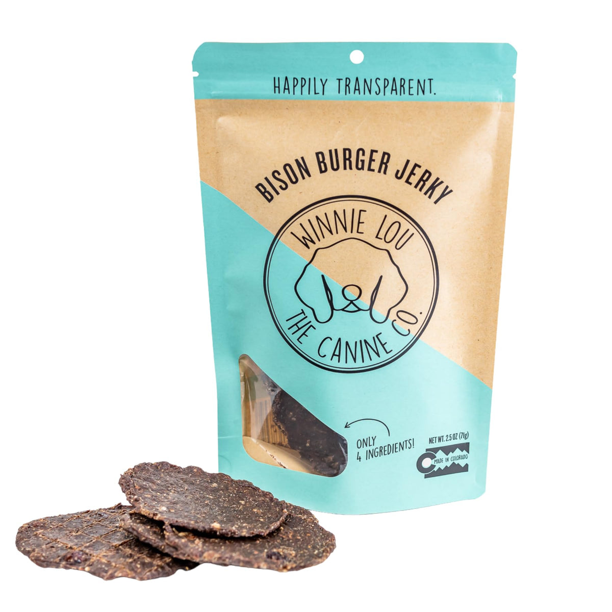 Winnie Lou Bison Burger Treats pack showcases all-natural bites for dogs of all sizes, ideal for training.