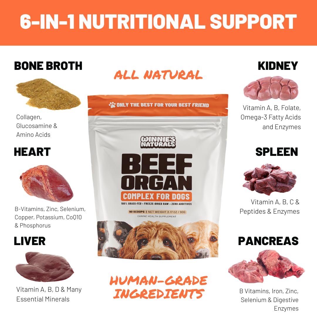 Winnie's Naturals Beef Organ Complex powder with scoop easy to sprinkle onto meals for tastier kibble.