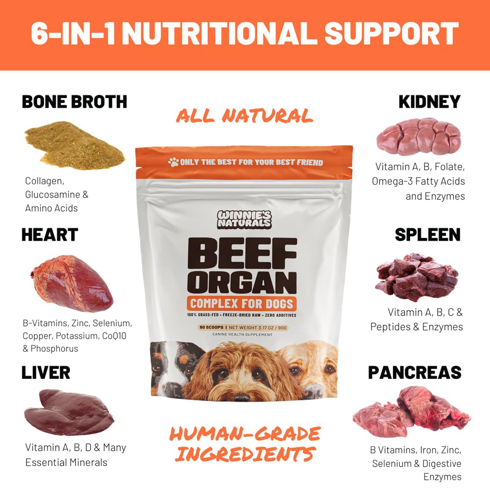 Winnie's Naturals Beef Organ Complex powder with scoop easy to sprinkle onto meals for tastier kibble.
