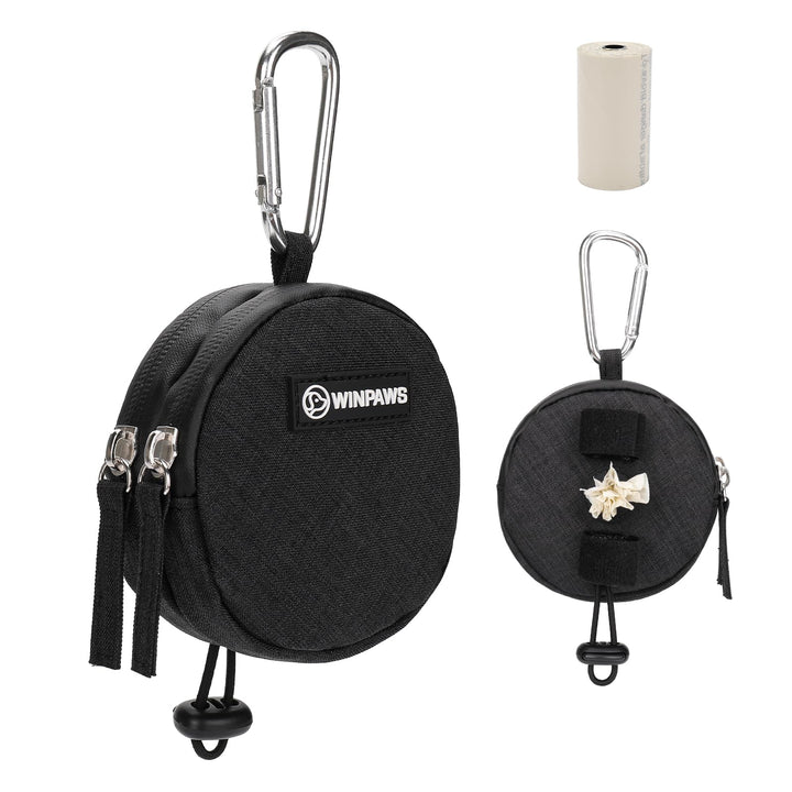WINPAWS dog poop bag holder attached to leash for hands-free walks.