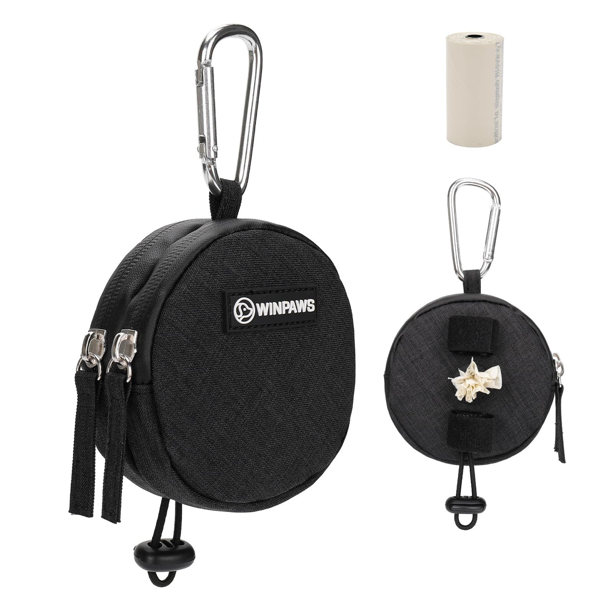 WINPAWS dog poop bag holder attached to leash for hands-free walks.